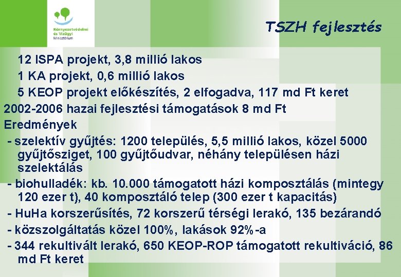 TSZH fejlesztés 12 ISPA projekt, 3, 8 millió lakos 1 KA projekt, 0, 6