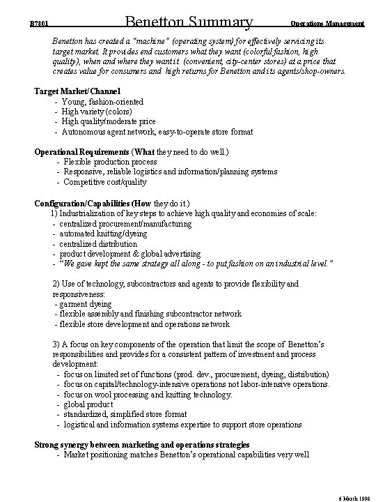 B 7801 Benetton Summary Operations Management Benetton has created a “machine” (operating system) for