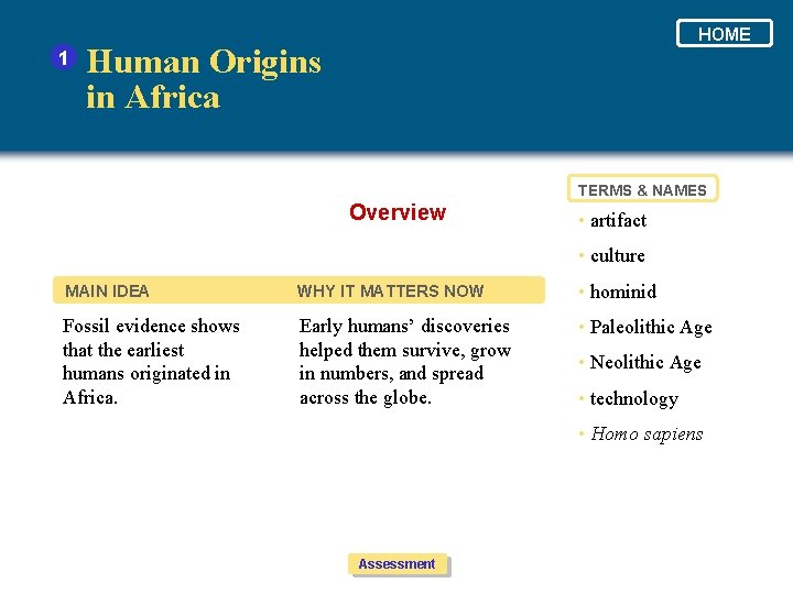 1 HOME Human Origins in Africa TERMS & NAMES Overview • artifact • culture 1 HOME Human Origins in Africa TERMS & NAMES Overview • artifact • culture