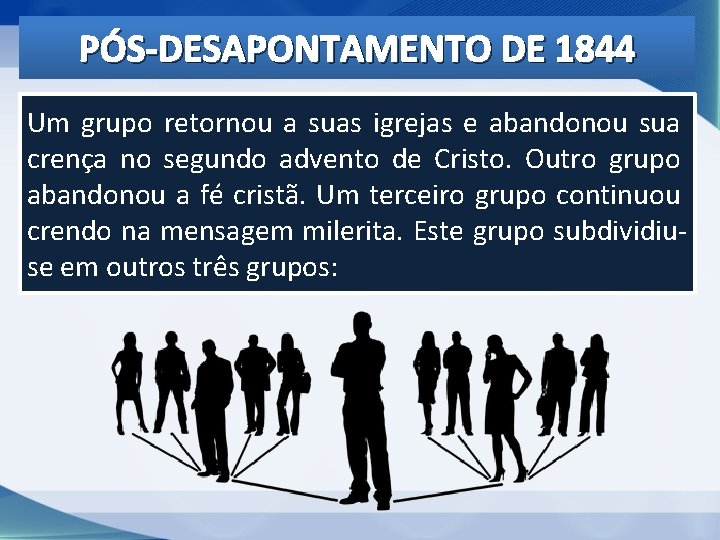 PÓS-DESAPONTAMENTO DE 1844 Um grupo retornou a suas igrejas e abandonou sua crença no PÓS-DESAPONTAMENTO DE 1844 Um grupo retornou a suas igrejas e abandonou sua crença no