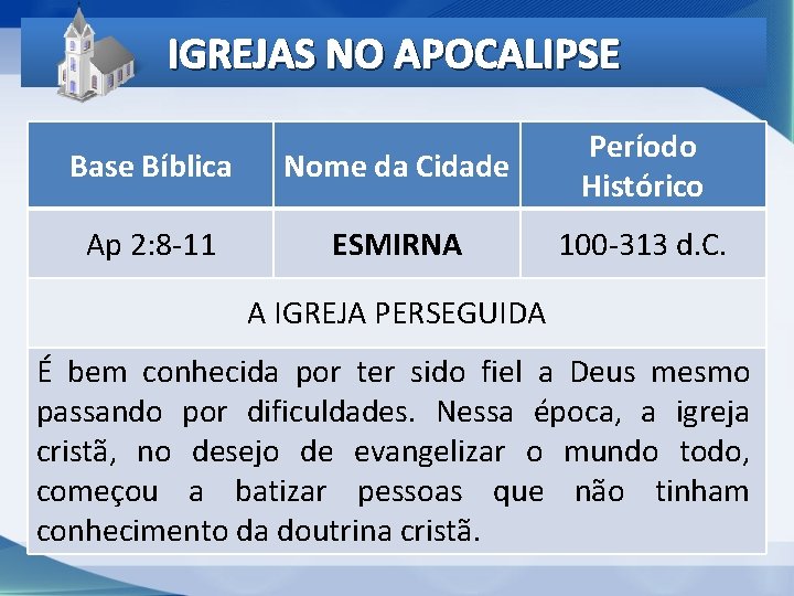 IGREJAS NO APOCALIPSE Base Bíblica Nome da Cidade Período Histórico Ap 2: 8 -11 IGREJAS NO APOCALIPSE Base Bíblica Nome da Cidade Período Histórico Ap 2: 8 -11