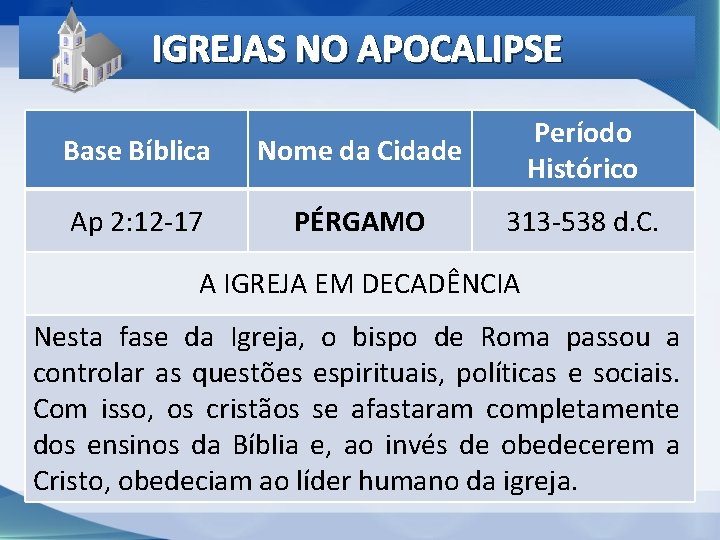 IGREJAS NO APOCALIPSE Base Bíblica Nome da Cidade Período Histórico Ap 2: 12 -17 IGREJAS NO APOCALIPSE Base Bíblica Nome da Cidade Período Histórico Ap 2: 12 -17