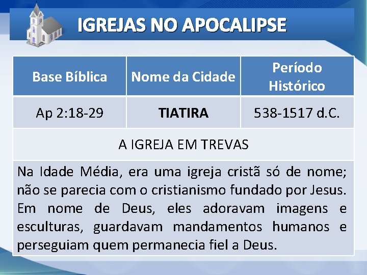 IGREJAS NO APOCALIPSE Base Bíblica Nome da Cidade Período Histórico Ap 2: 18 -29 IGREJAS NO APOCALIPSE Base Bíblica Nome da Cidade Período Histórico Ap 2: 18 -29
