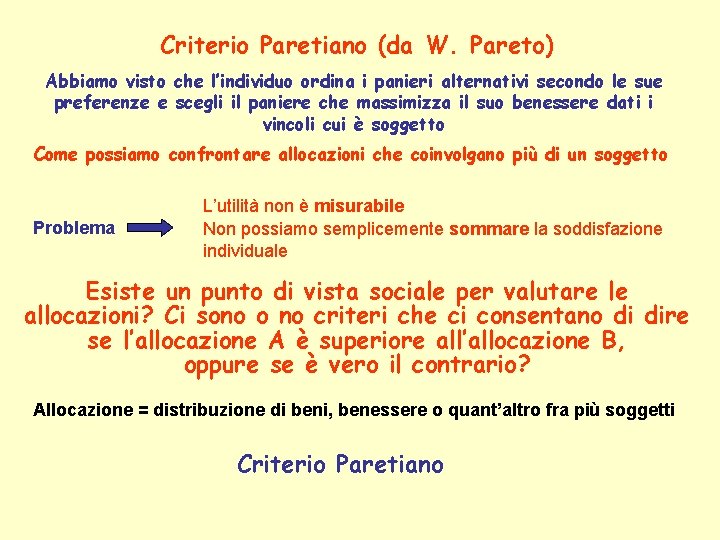 Criterio Paretiano (da W. Pareto) Abbiamo visto che l’individuo ordina i panieri alternativi secondo Criterio Paretiano (da W. Pareto) Abbiamo visto che l’individuo ordina i panieri alternativi secondo