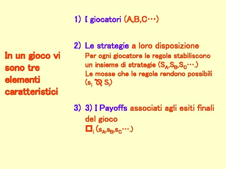 1) I giocatori (A, B, C…) 2) Le strategie a loro disposizione In un