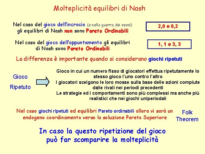 Molteplicità equilibri di Nash Nel caso del gioco dell’incrocio (e nella guerra dei sessi)