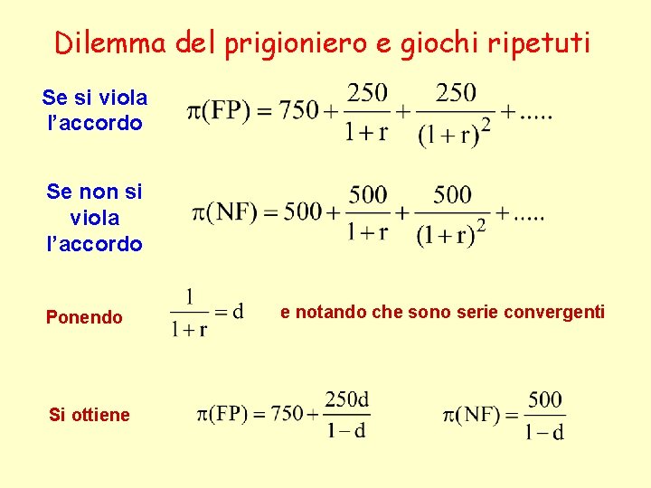 Dilemma del prigioniero e giochi ripetuti Se si viola l’accordo Se non si viola