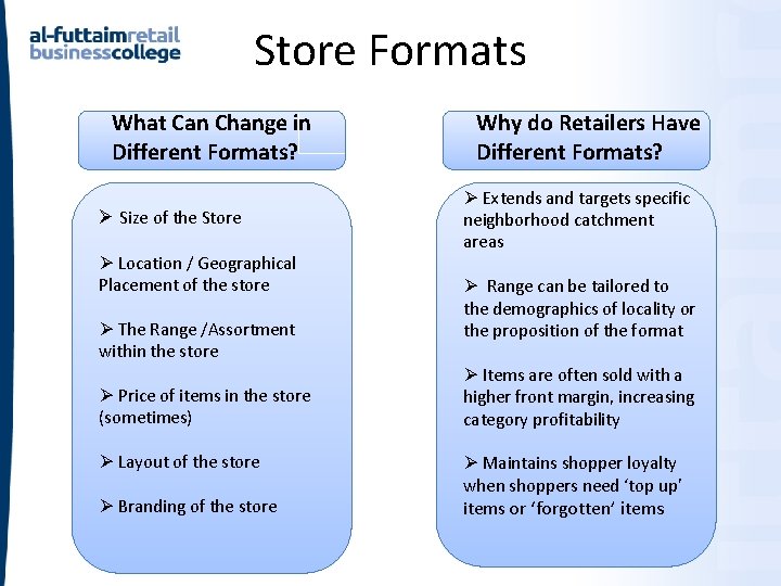 Store Formats What Can Change in Different Formats? Ø Size of the Store Ø Store Formats What Can Change in Different Formats? Ø Size of the Store Ø