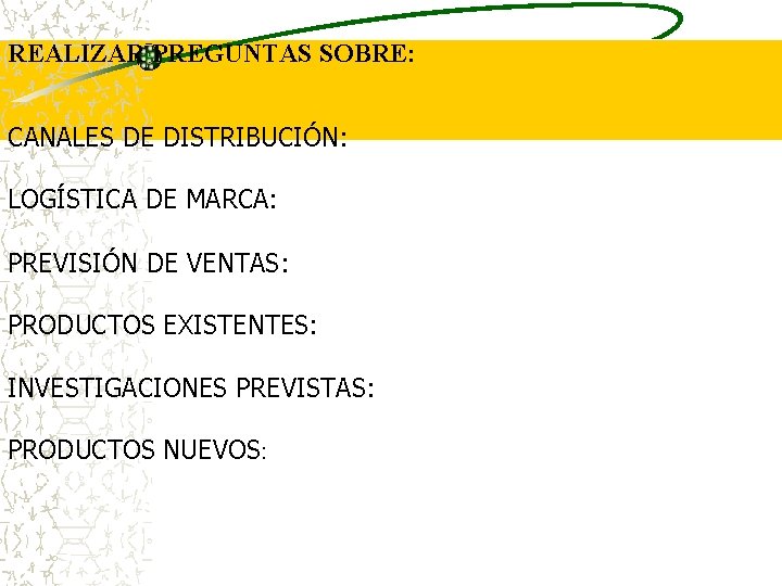 REALIZAR PREGUNTAS SOBRE: CANALES DE DISTRIBUCIÓN: LOGÍSTICA DE MARCA: PREVISIÓN DE VENTAS: PRODUCTOS EXISTENTES: