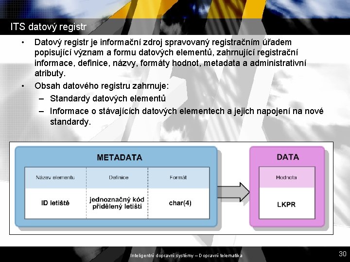ITS datový registr • • Datový registr je informační zdroj spravovaný registračním úřadem popisující ITS datový registr • • Datový registr je informační zdroj spravovaný registračním úřadem popisující