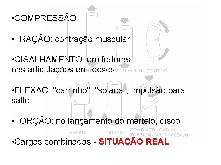  • COMPRESSÃO • TRAÇÃO: contração muscular • CISALHAMENTO: em fraturas nas articulações em