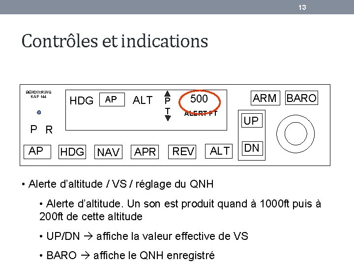 13 Contrôles et indications BENDIX/KING KAP 144 HDG AP ALT P T ARM BARO