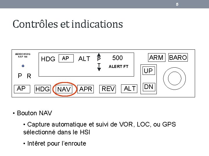 5 Contrôles et indications BENDIX/KING KAP 144 HDG AP ALT P T ARM BARO