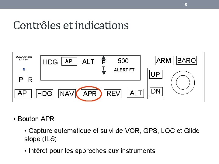 6 Contrôles et indications BENDIX/KING KAP 144 HDG AP ALT P T ARM BARO