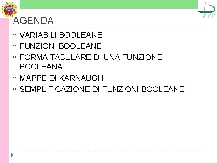 AGENDA VARIABILI BOOLEANE FUNZIONI BOOLEANE FORMA TABULARE DI UNA FUNZIONE BOOLEANA MAPPE DI KARNAUGH