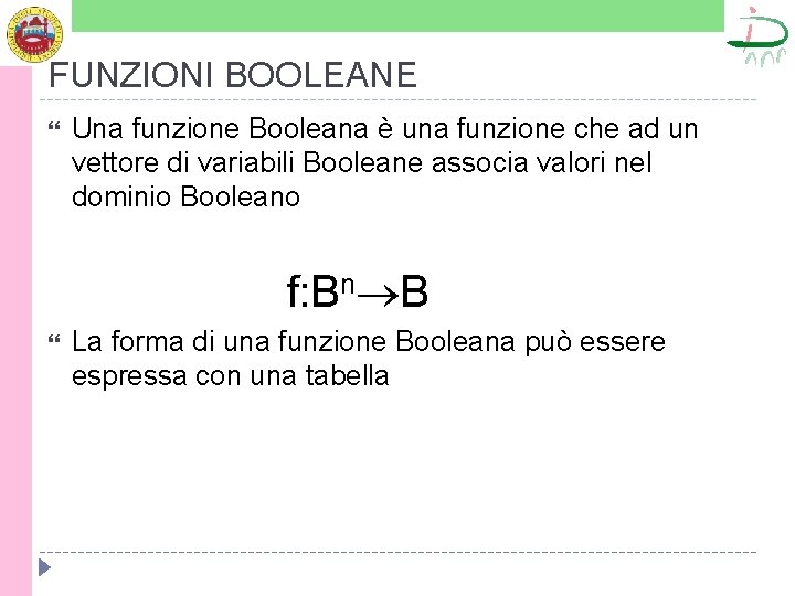 FUNZIONI BOOLEANE Una funzione Booleana è una funzione che ad un vettore di variabili