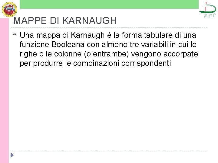 MAPPE DI KARNAUGH Una mappa di Karnaugh è la forma tabulare di una funzione