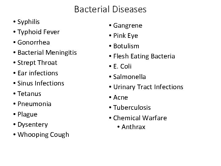 Bacterial Diseases • Syphilis • Typhoid Fever • Gonorrhea • Bacterial Meningitis • Strept