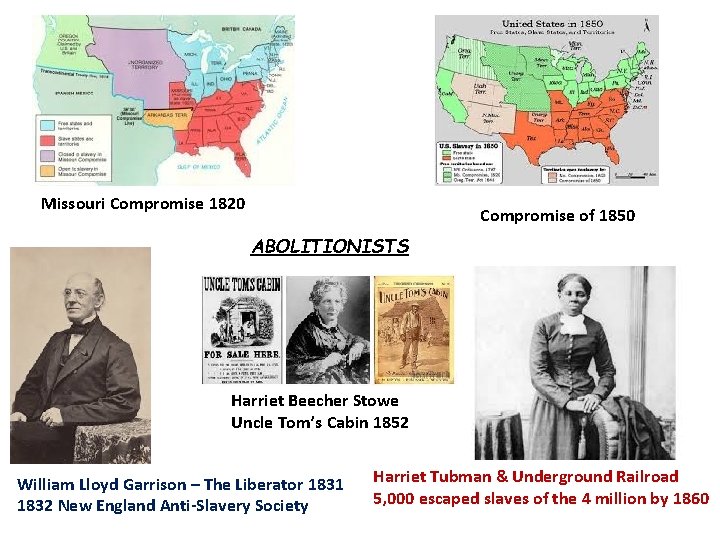 Missouri Compromise 1820 Compromise of 1850 ABOLITIONISTS Harriet Beecher Stowe Uncle Tom’s Cabin 1852