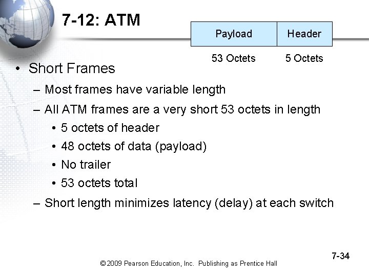 7 -12: ATM • Short Frames Payload Header 53 Octets 5 Octets – Most