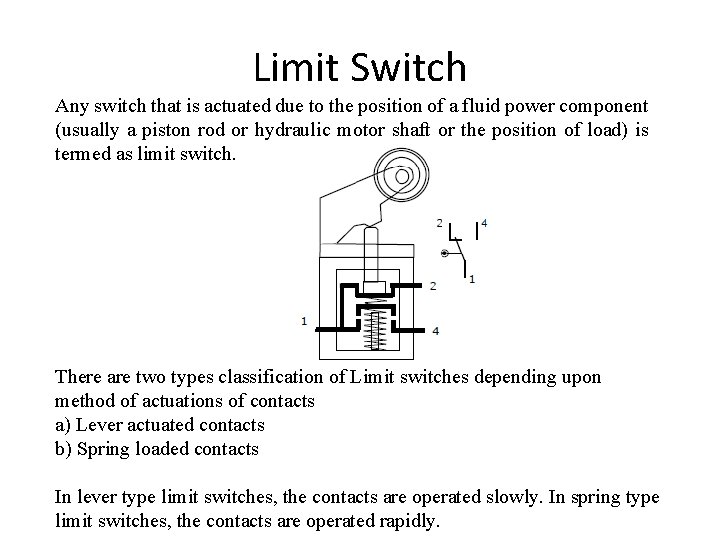 Limit Switch Any switch that is actuated due to the position of a fluid