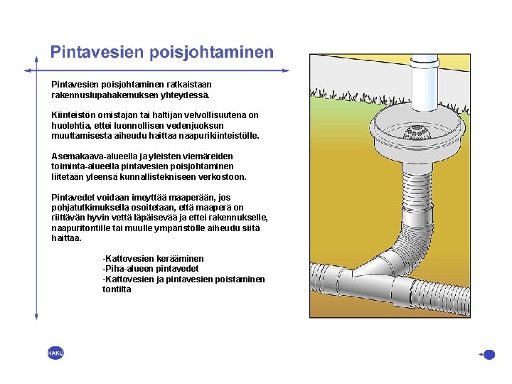 Pintavesien poisjohtaminen ratkaistaan rakennuslupahakemuksen yhteydessä. Kiinteistön omistajan tai haltijan velvollisuutena on huolehtia, ettei luonnollisen