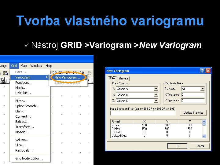 Tvorba vlastného variogramu ü Nástroj GRID >Variogram >New Variogram 