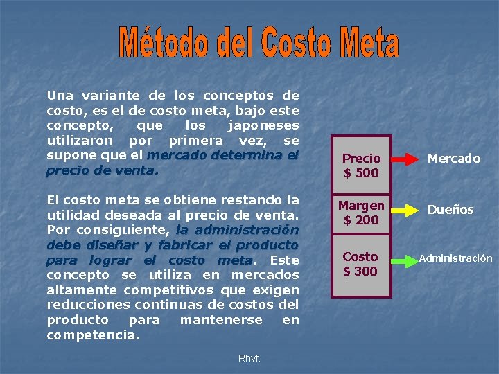 Una variante de los conceptos de costo, es el de costo meta, bajo este