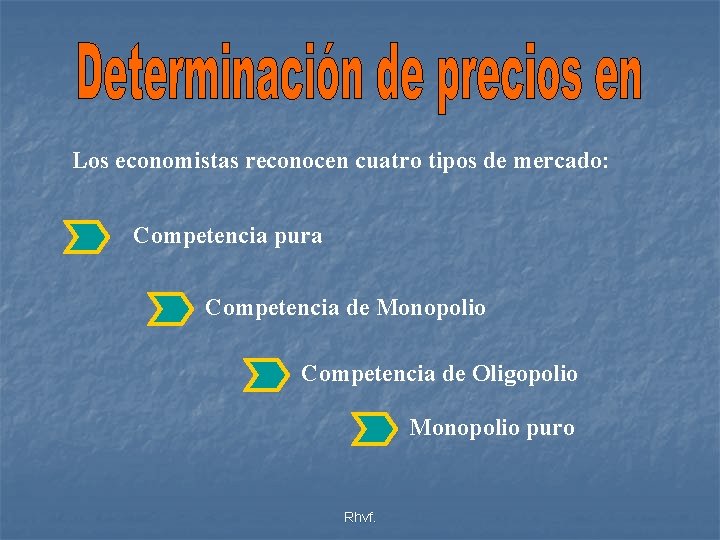 Los economistas reconocen cuatro tipos de mercado: Competencia pura Competencia de Monopolio Competencia de