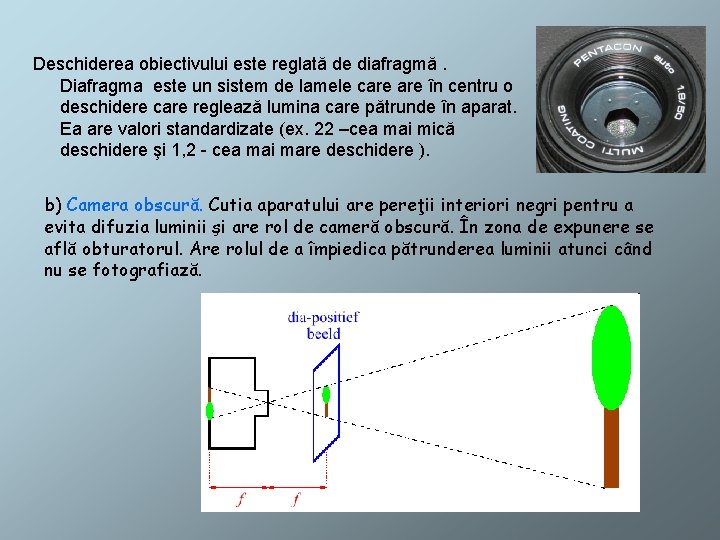 Deschiderea obiectivului este reglată de diafragmă. Diafragma este un sistem de lamele care în