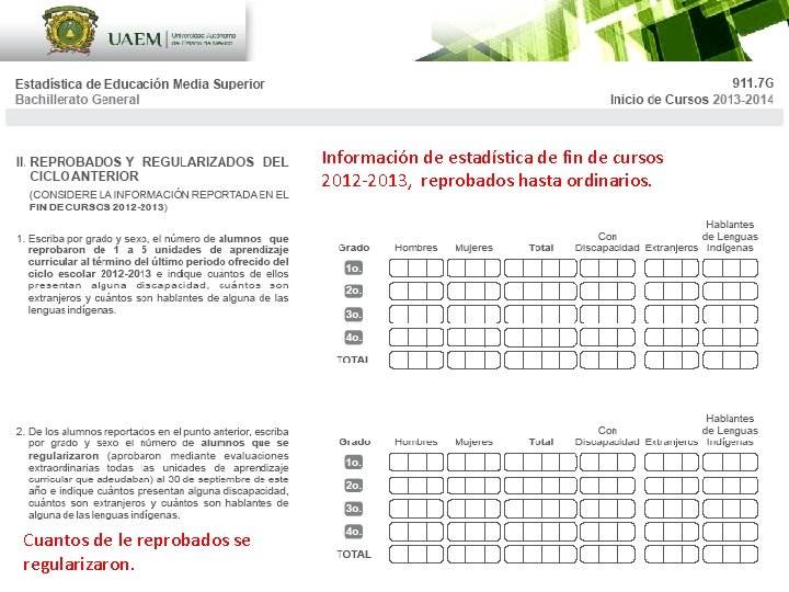 Información de estadística de fin de cursos 2012 -2013, reprobados hasta ordinarios. Cuantos de