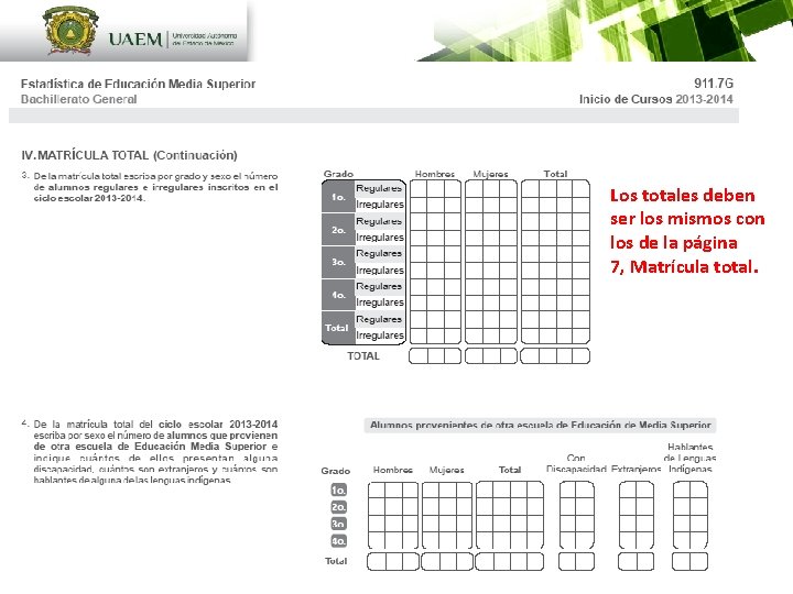 Los totales deben ser los mismos con los de la página 7, Matrícula total.