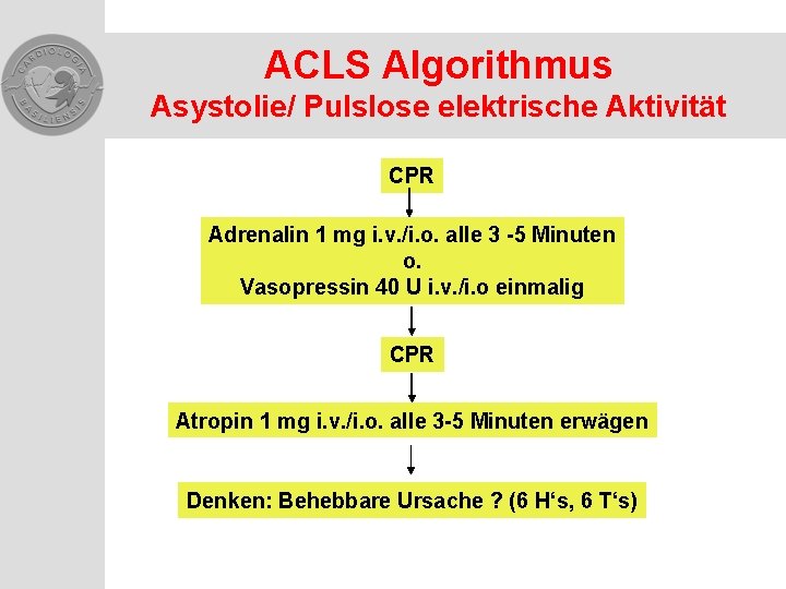 ACLS Algorithmus Asystolie/ Pulslose elektrische Aktivität CPR Adrenalin 1 mg i. v. /i. o.