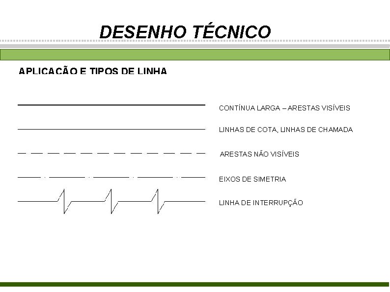 DESENHO TÉCNICO APLICAÇÃO E TIPOS DE LINHA CONTÍNUA LARGA – ARESTAS VISÍVEIS LINHAS DE