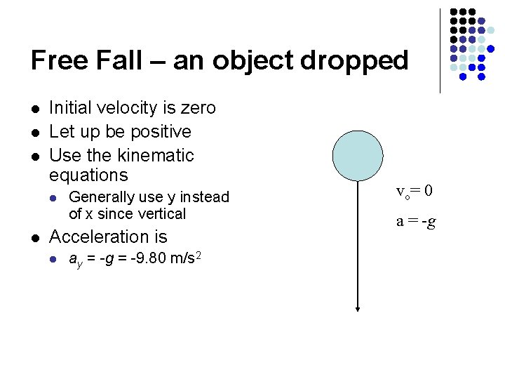 Free Fall – an object dropped l l l Initial velocity is zero Let