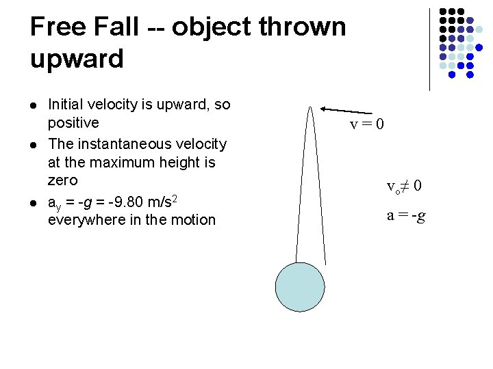 Free Fall -- object thrown upward l l l Initial velocity is upward, so