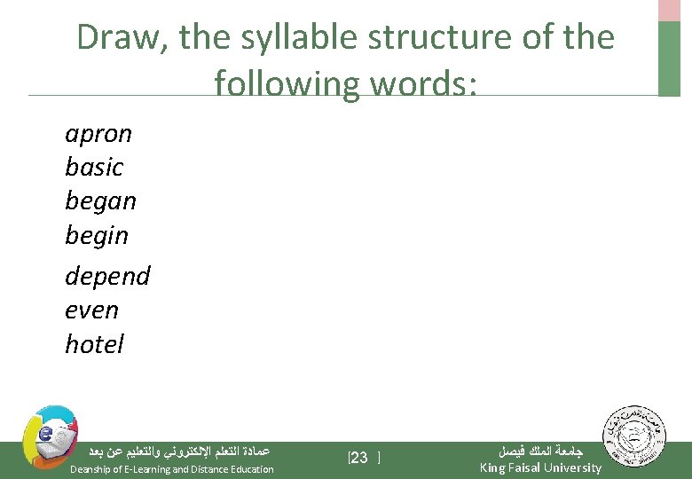 Draw, the syllable structure of the following words: apron basic began begin depend even