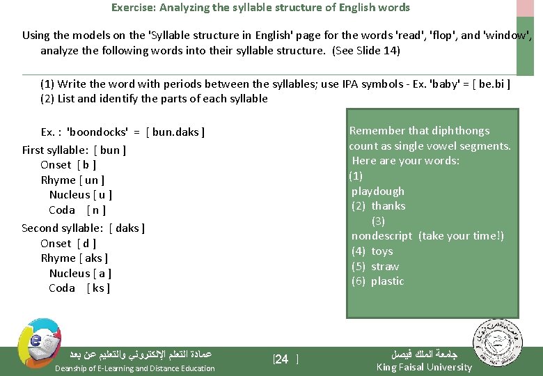 Exercise: Analyzing the syllable structure of English words Using the models on the 'Syllable