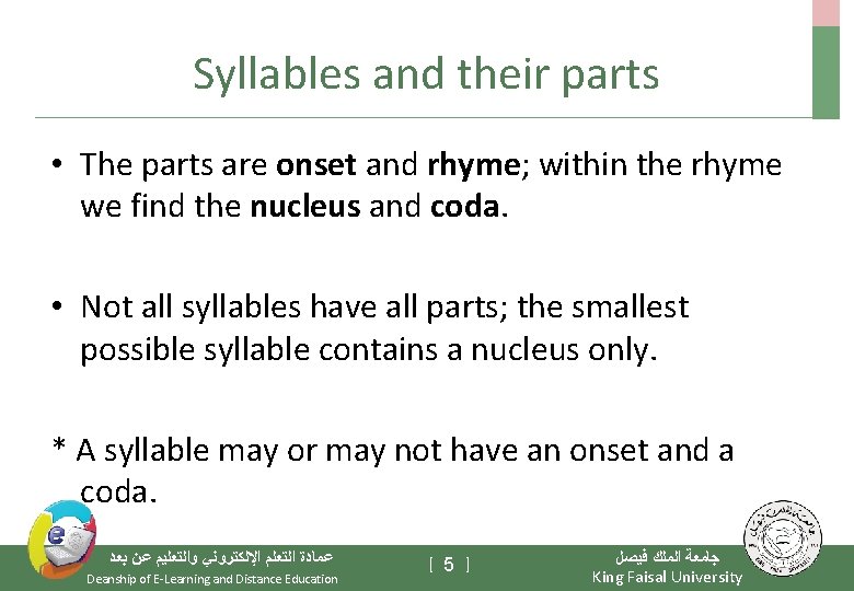 Syllables and their parts • The parts are onset and rhyme; within the rhyme