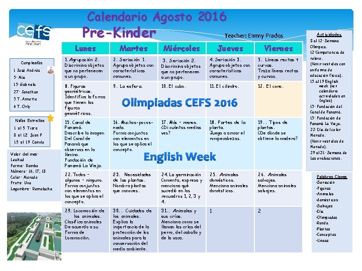 Calendario Agosto 2016 Pre-Kinder Cumpleaños 1 José Andrés 5: Mía 15: Gabriela 27: Jonathan Calendario Agosto 2016 Pre-Kinder Cumpleaños 1 José Andrés 5: Mía 15: Gabriela 27: Jonathan