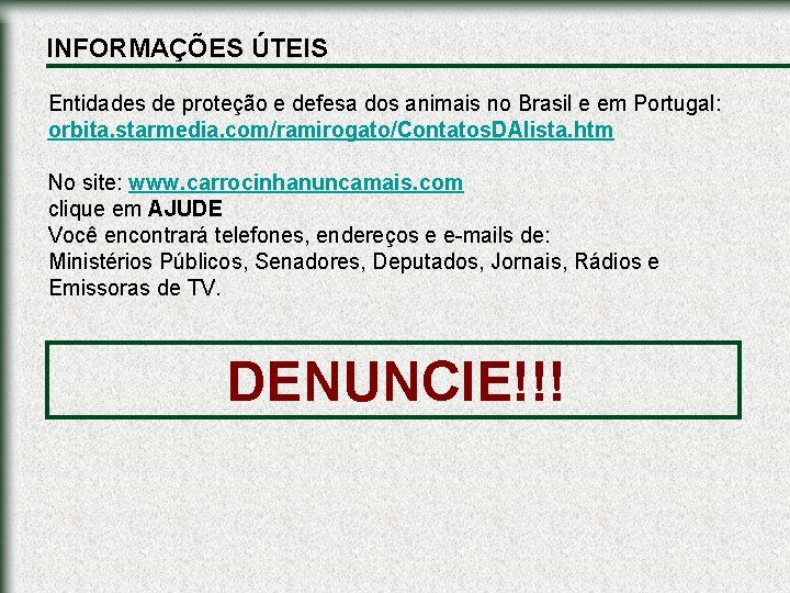 INFORMAÇÕES ÚTEIS Entidades de proteção e defesa dos animais no Brasil e em Portugal: