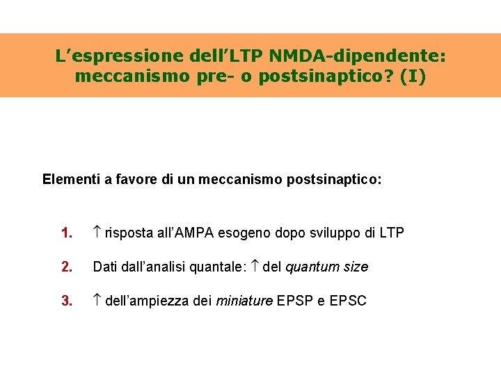 L’espressione dell’LTP NMDA-dipendente: meccanismo pre- o postsinaptico? (I) Elementi a favore di un meccanismo