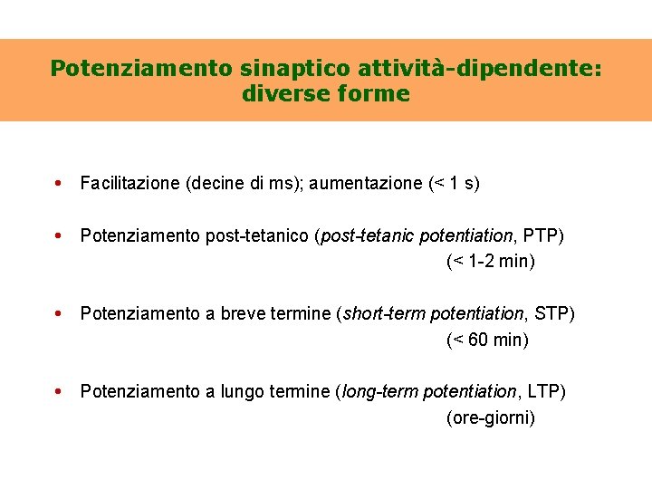 Potenziamento sinaptico attività-dipendente: diverse forme • Facilitazione (decine di ms); aumentazione (< 1 s)