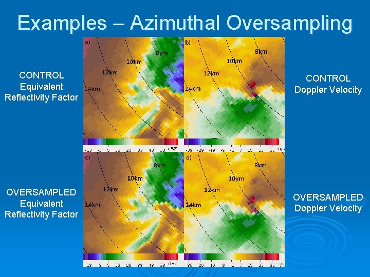 Examples – Azimuthal Oversampling CONTROL Equivalent Reflectivity Factor CONTROL Doppler Velocity OVERSAMPLED Equivalent Reflectivity