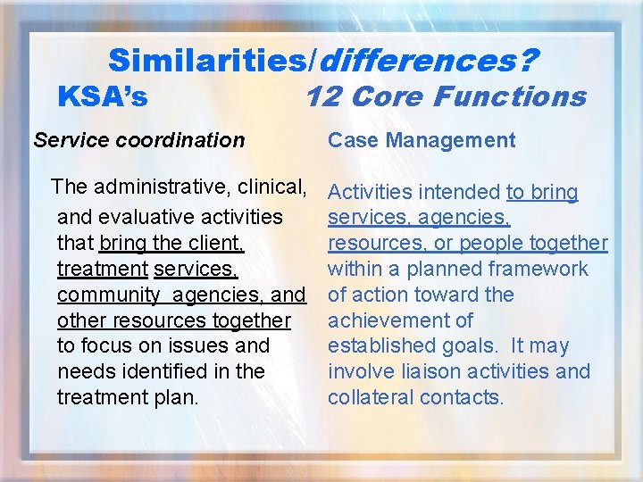 Similarities/differences? KSA’s 12 Core Functions Service coordination The administrative, clinical, and evaluative activities that