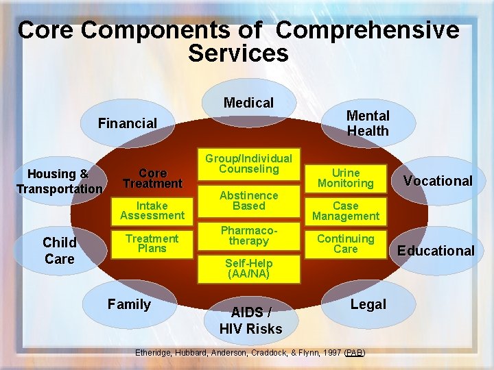 Core Components of Comprehensive Services Medical Financial Housing & Transportation Core Treatment Intake Assessment