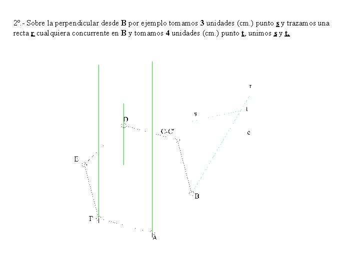 2º. - Sobre la perpendicular desde B por ejemplo tomamos 3 unidades (cm. )