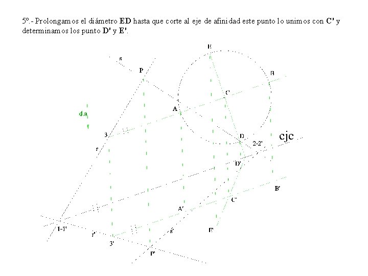 5º. - Prolongamos el diámetro ED hasta que corte al eje de afinidad este