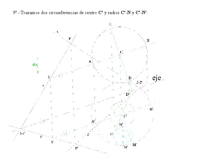 9º. - Trazamos dos circunferencias de centro C' y radios C'-N y C'-N‘. 