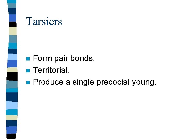 Tarsiers n n n Form pair bonds. Territorial. Produce a single precocial young. 